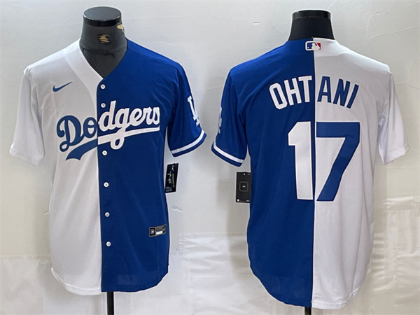 Men's Los Angeles Dodgers #17 Shohei Ohtani White/Blue Split Cool Base Stitched Baseball Jersey Men's Los Angeles Dodgers #17 Shohei Ohtani White/Blue Split Cool Base Stitched Baseball Jersey